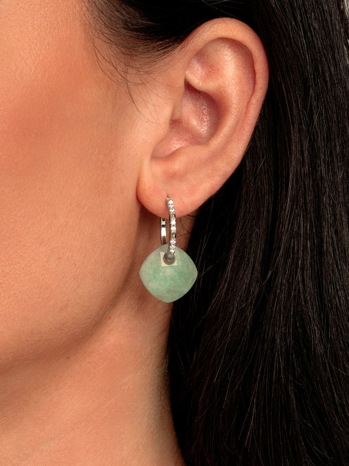 Rich Green Amazonite Cushion Cut Edge CZ earrings set | Silver