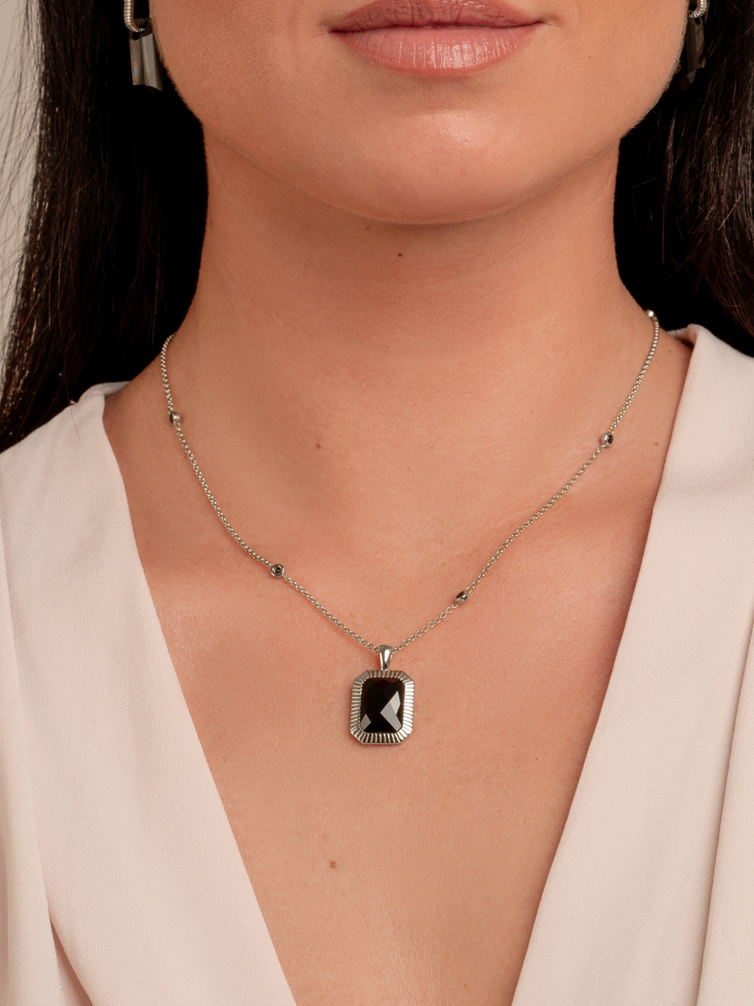 Black CZ Beads Anchor Necklace | Silver