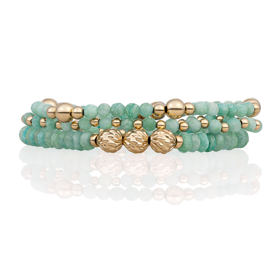 Rich Green Amazonite Fuse Beads Armbanden Stack | Goudkleurig