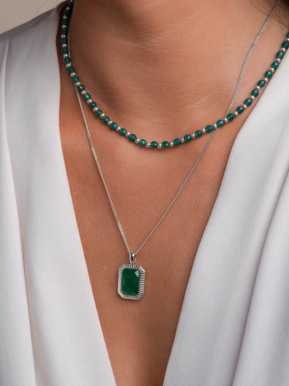 Sparkling Jewels groene onyx ketting hanger met echt zilveren ketting