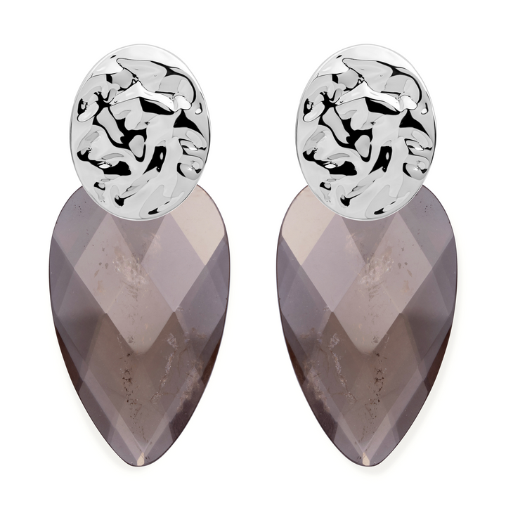 Smoky Quartz Blossom Round Clip Earrings Set | Silver